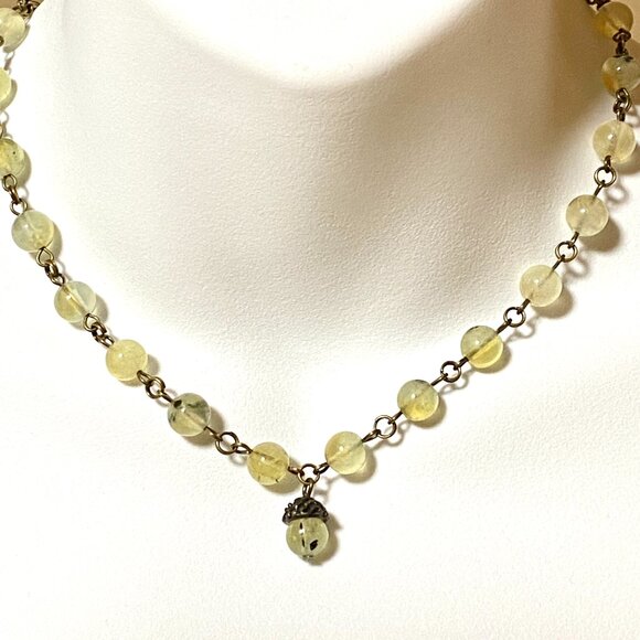 Natural Yellow Green Prehnite Necklace, Cute Bronze Acorn + Genuine Gemstone - Picture 2 of 16